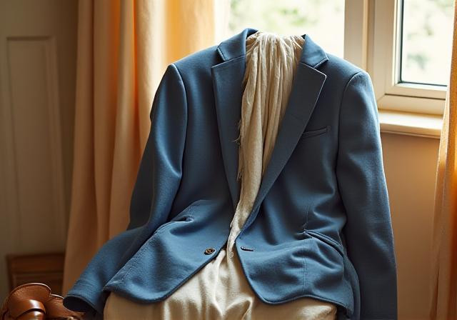 Lightweight wool blazer and a spring scarf on a minimalist rack