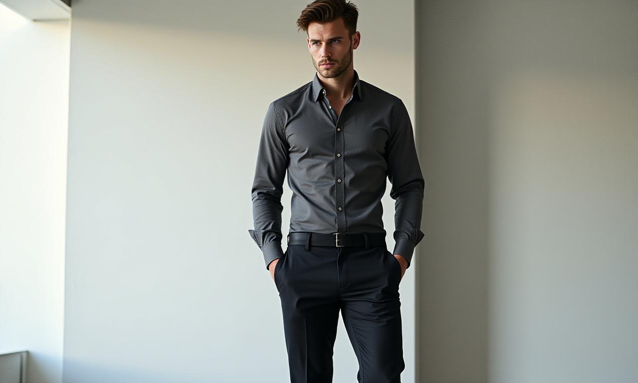 Man with athletic build wearing a well-fitted charcoal shirt and tailored trousers