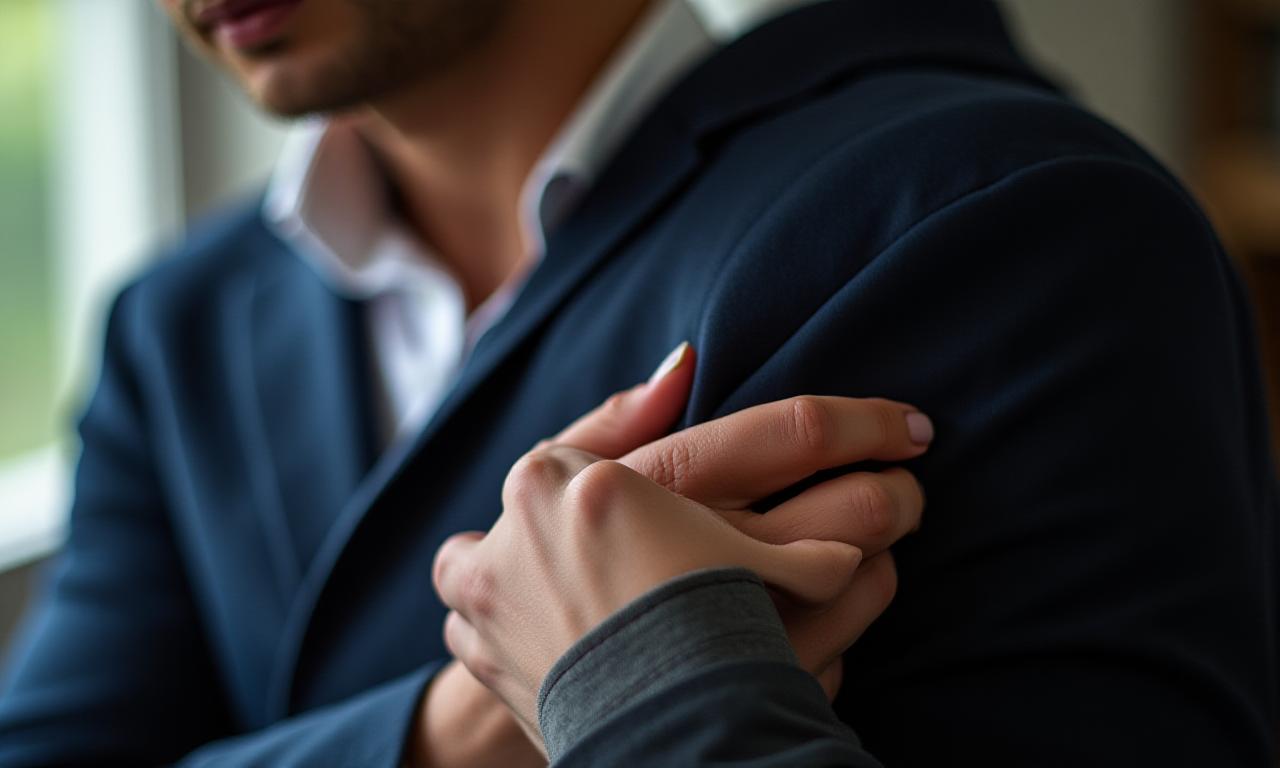 Close up of a tailor adjusting a suit jacket on a client