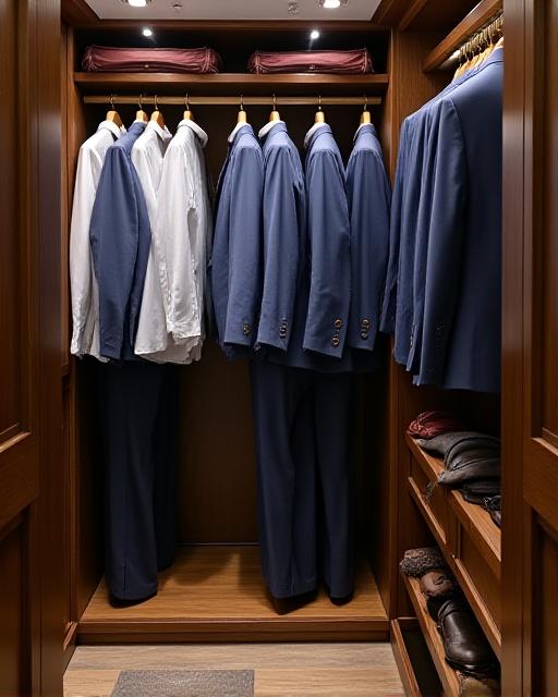 A high-end organized wardrobe with tailored suits