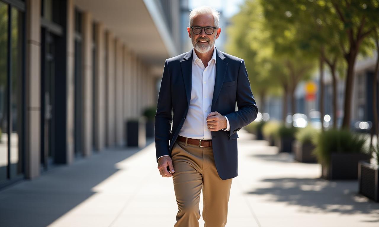 Sophisticated man walking through Melbourne street in a layered transitional outfit